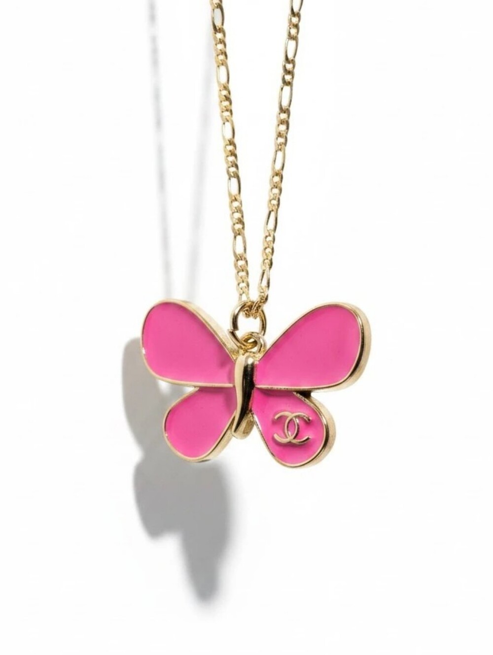 Gold Chain Necklace with CC Logo Pink Butterfly Enamel Pendant